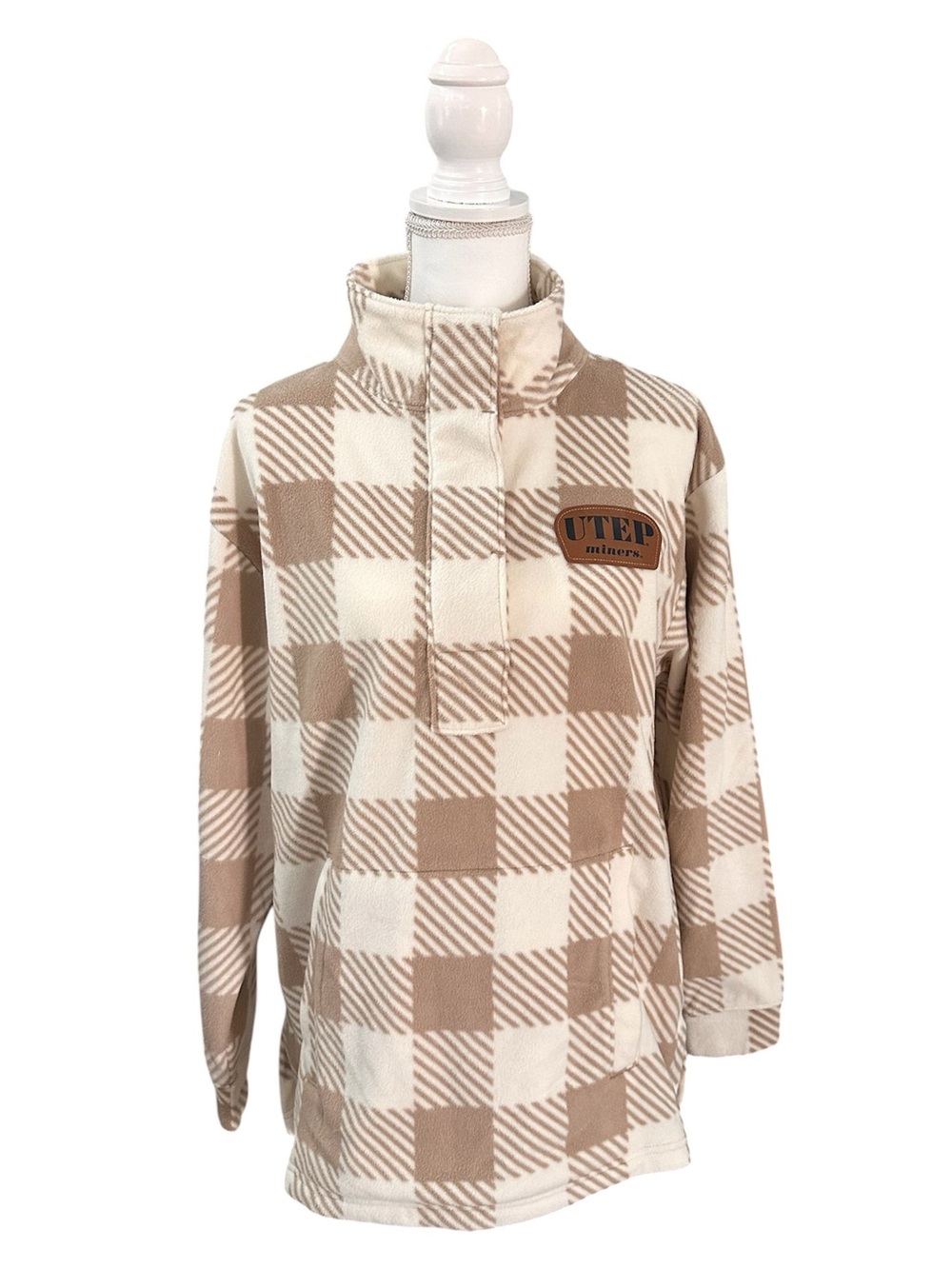 Women’s UTEP Miners Buffalo Checkered 1/4” Buttoned Fleece, Beige & Cream, Lrg